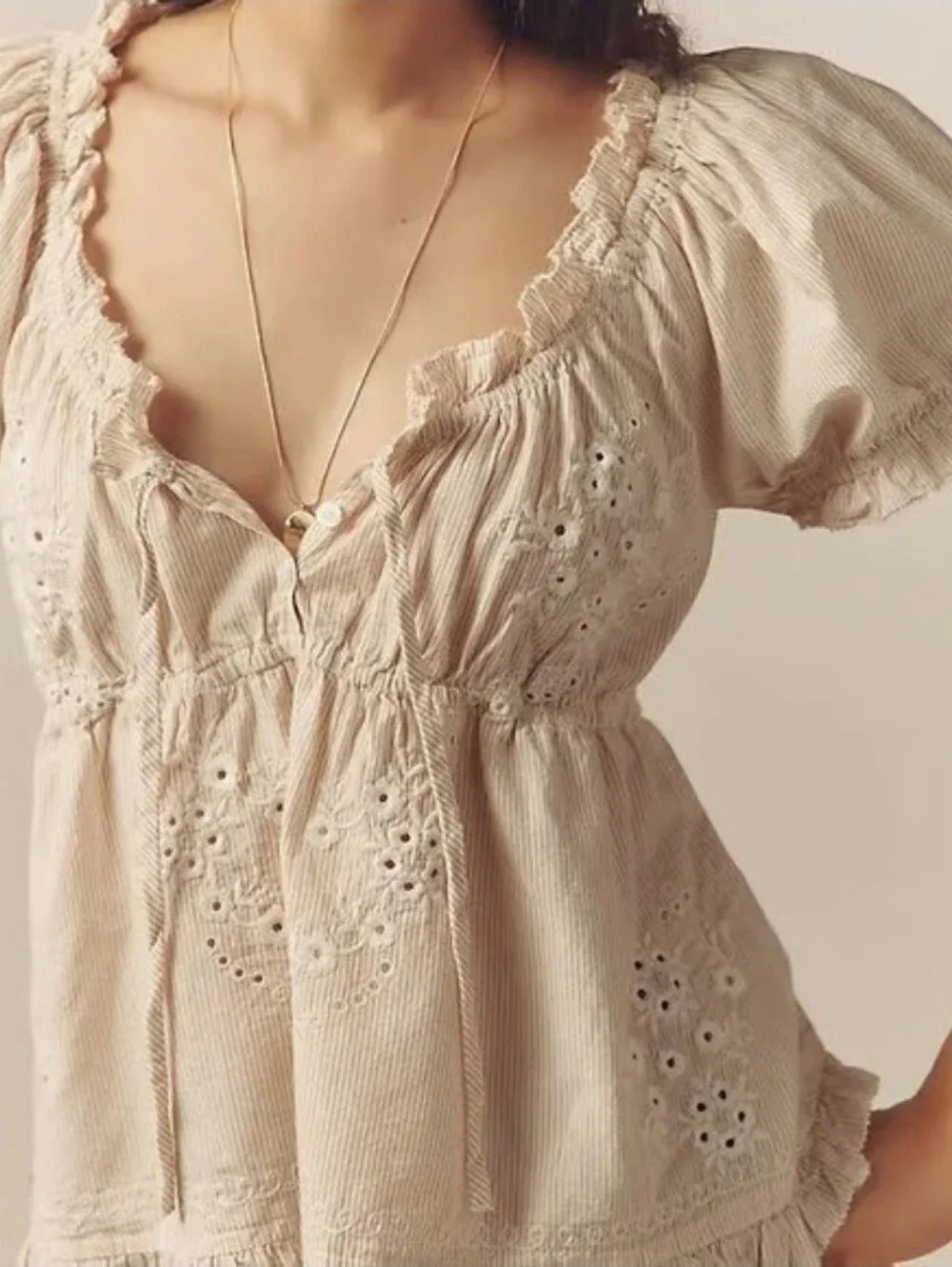 Anthropologie Puff-Sleeve Embroidered Babydoll Top tan and cream stripes Sz XL - Picture 2 of 16